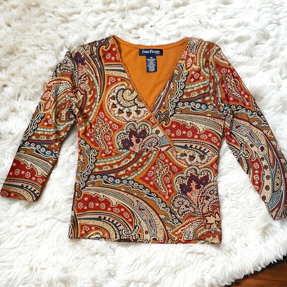 Vintage Y2K Micro Mesh Grungy Whimsigoth Paisley Print Top Size MP - Picture 1 of 6